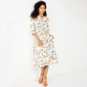 Croft & Barrow Floral Peasant Shirt Dress Plus Size 3X White Gold Tie Waist NWT